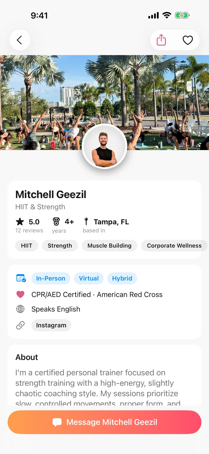 A coach's profile in the Popcoach app, with their rating and reviews, years of experience, specialties and a CPR/AED certification from the American Red Cross