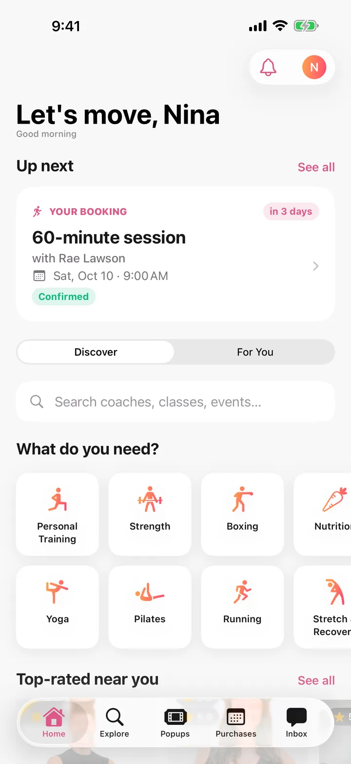 The Popcoach iPhone app's Home screen: your next booking, a search bar for coaches, classes and events, and categories like Personal Training, Strength, Boxing and Yoga