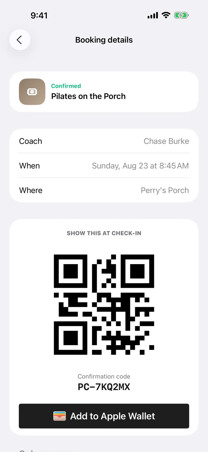 A confirmed popup ticket in the Popcoach app, with the event details, a QR code to show at check-in and an Add to Apple Wallet button